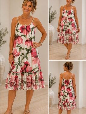 Floral Pink & White Midi  Cotton Sundress with Eyelet Trim